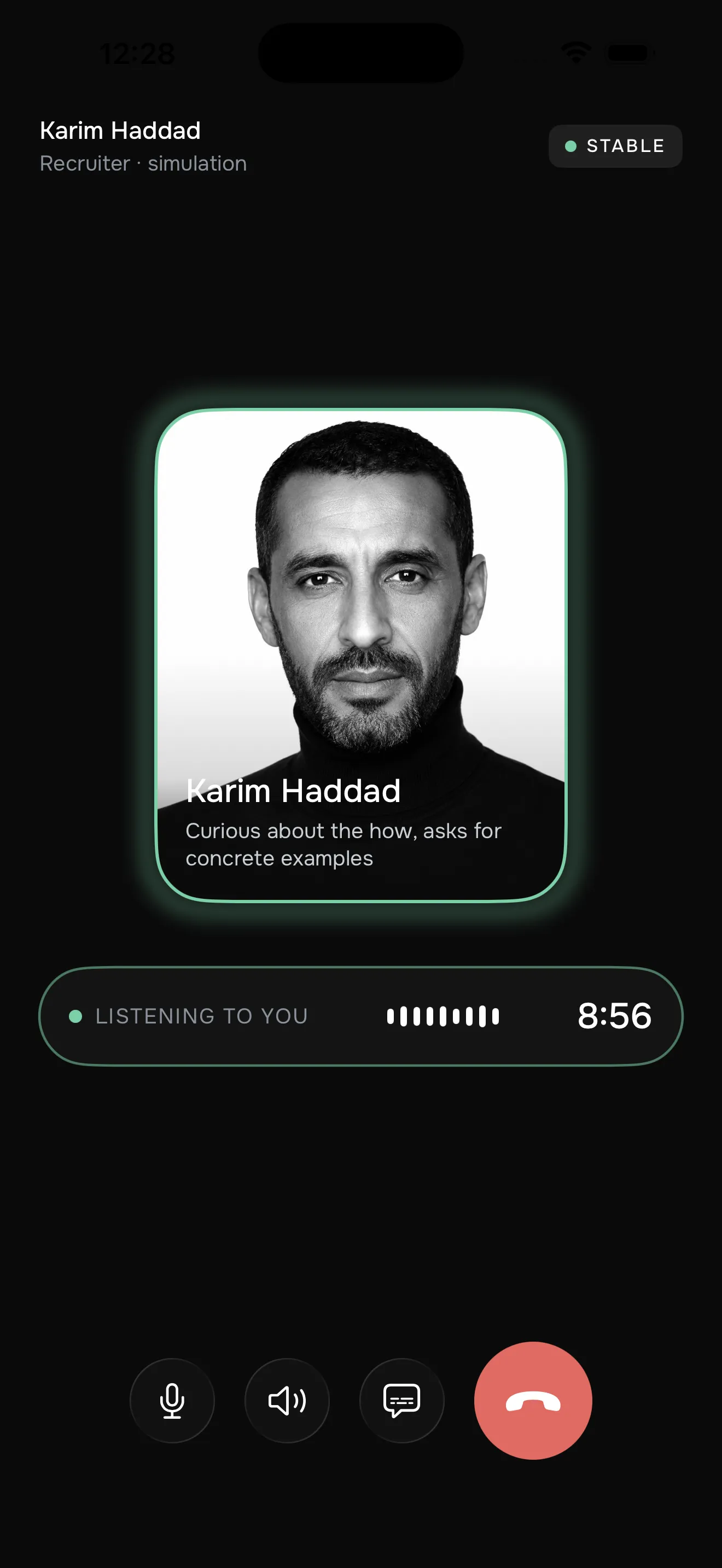 Live call with Karim Haddad, AI recruiter, timer at 9:34