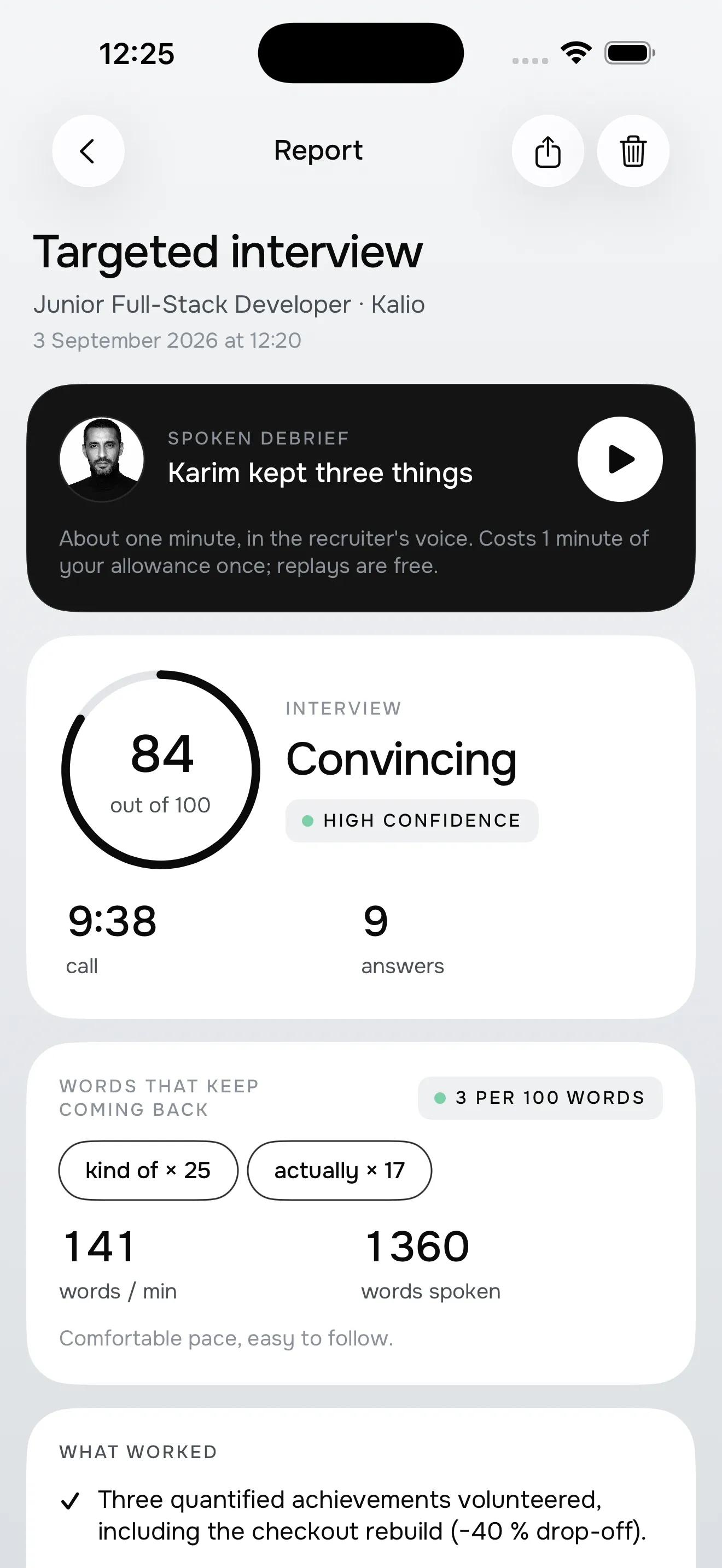 Interview report: score of 84 out of 100, speaking pace and filler words